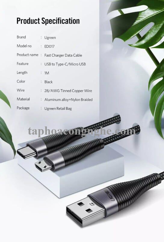 Ugreen 50872 0.5M màu Xám Cáp sạc truyền dữ liệu USB 2.0 sang MICRO USB đầu mạ thiếc ED017 30050872